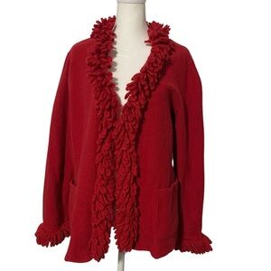 Nouveaux Vintage 100% Wool Red Knit Fringe Cardigan Sweater